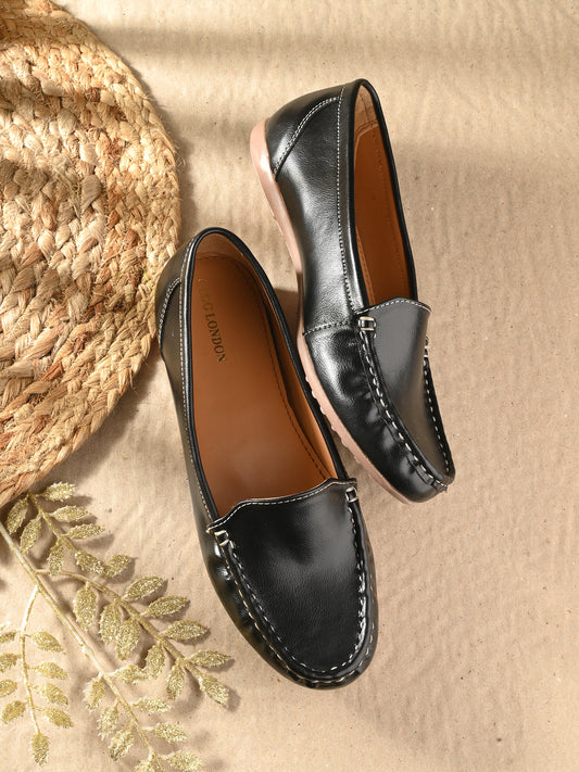 Women Black Causal Ballerinas Textured Loafers
