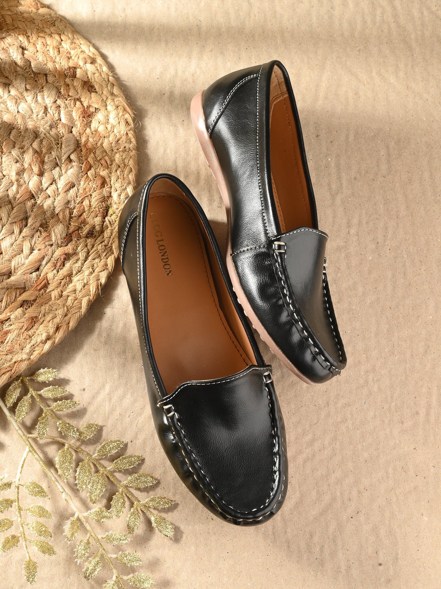 Women Black Ballerinas Textured Round Toe Loafers