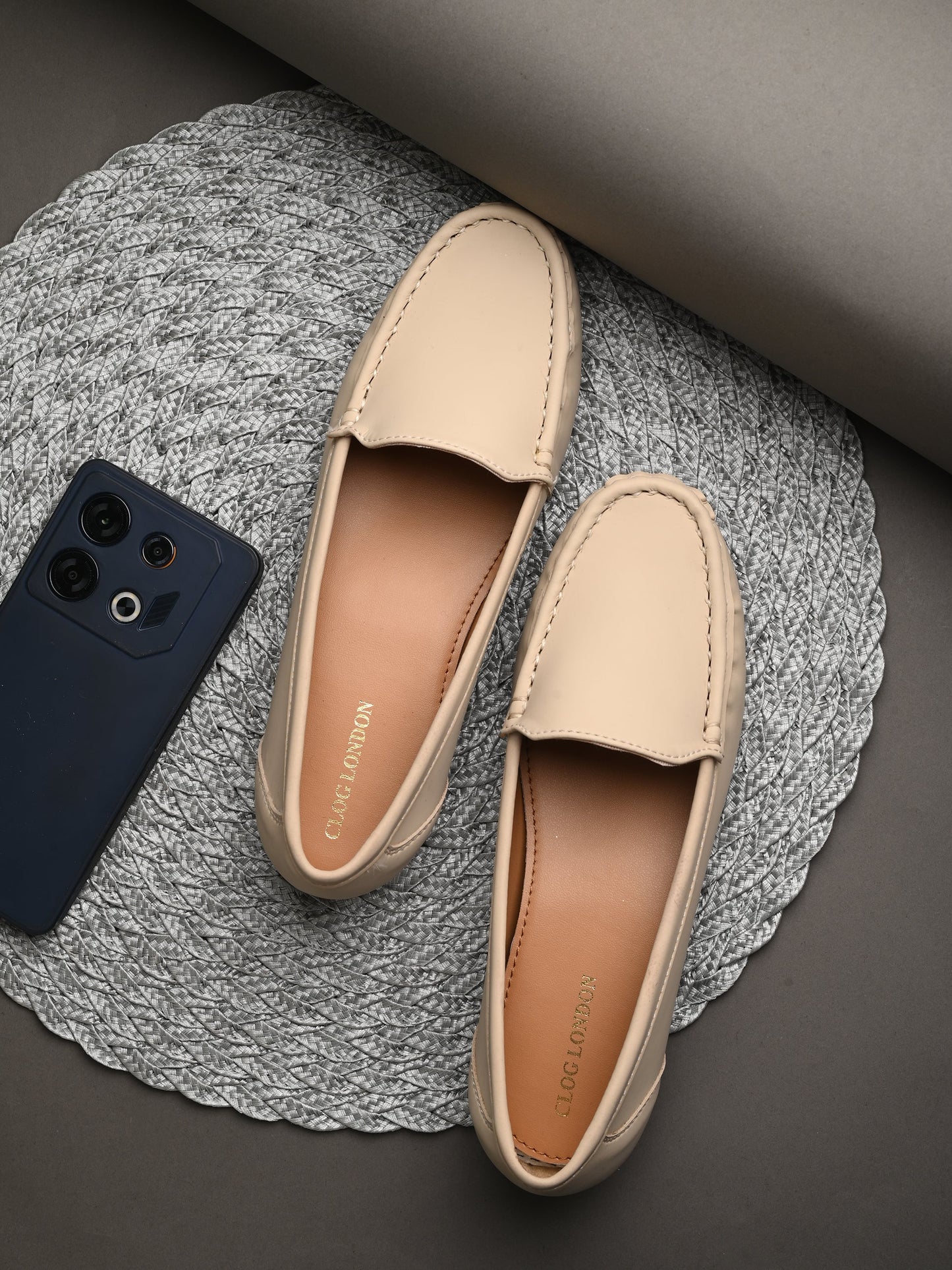Women Black Ballerinas Textured Round Toe Loafers