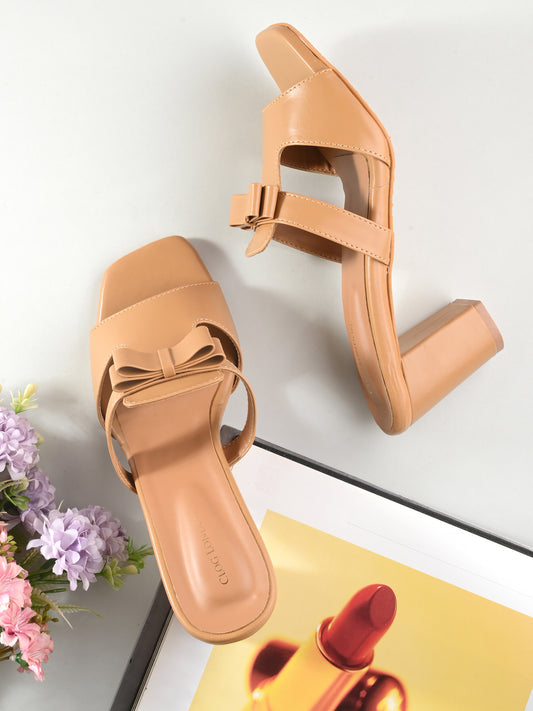Women Tan Square Toe Block Heels