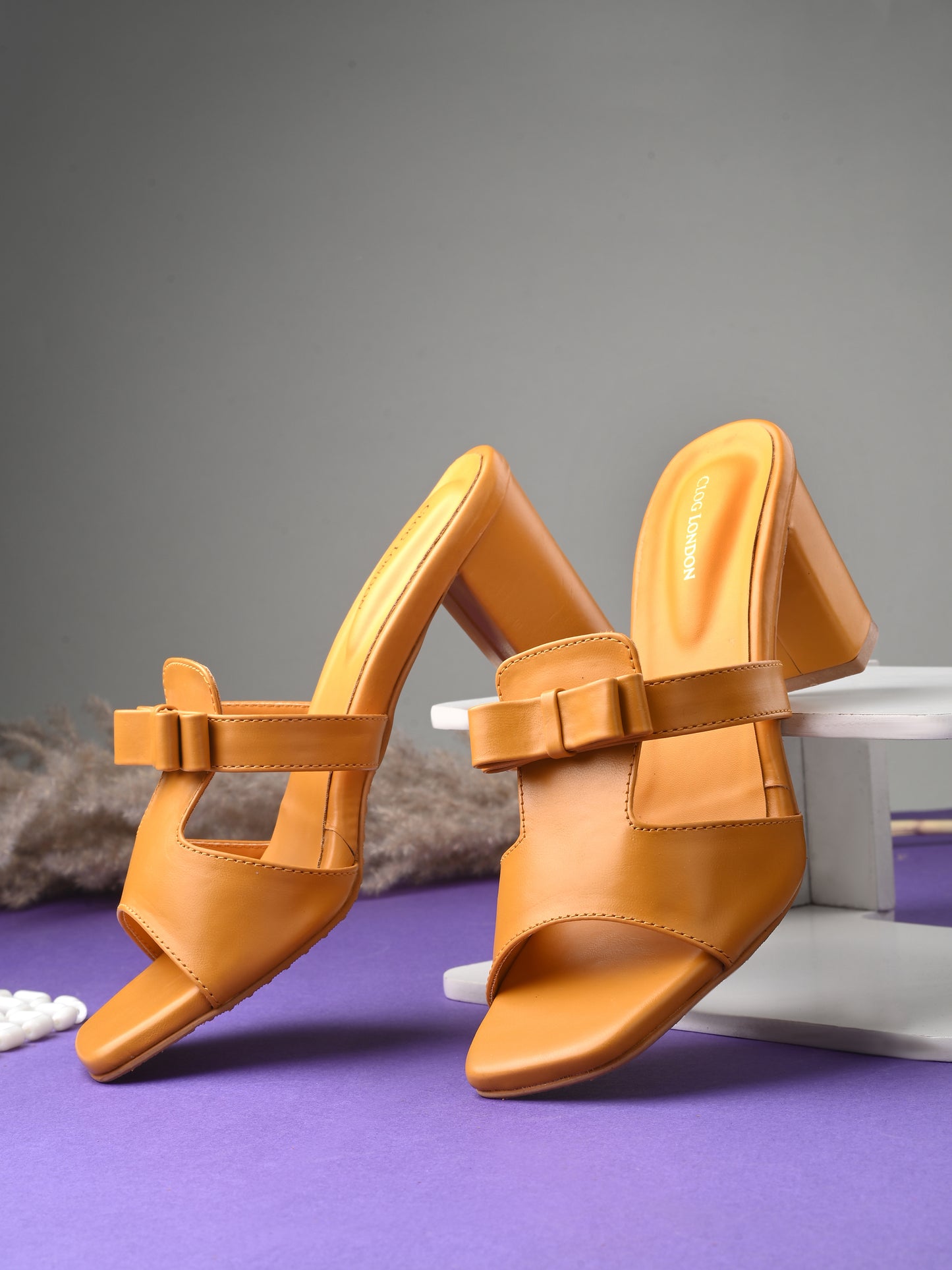 Women Tan Square Toe Block Heels