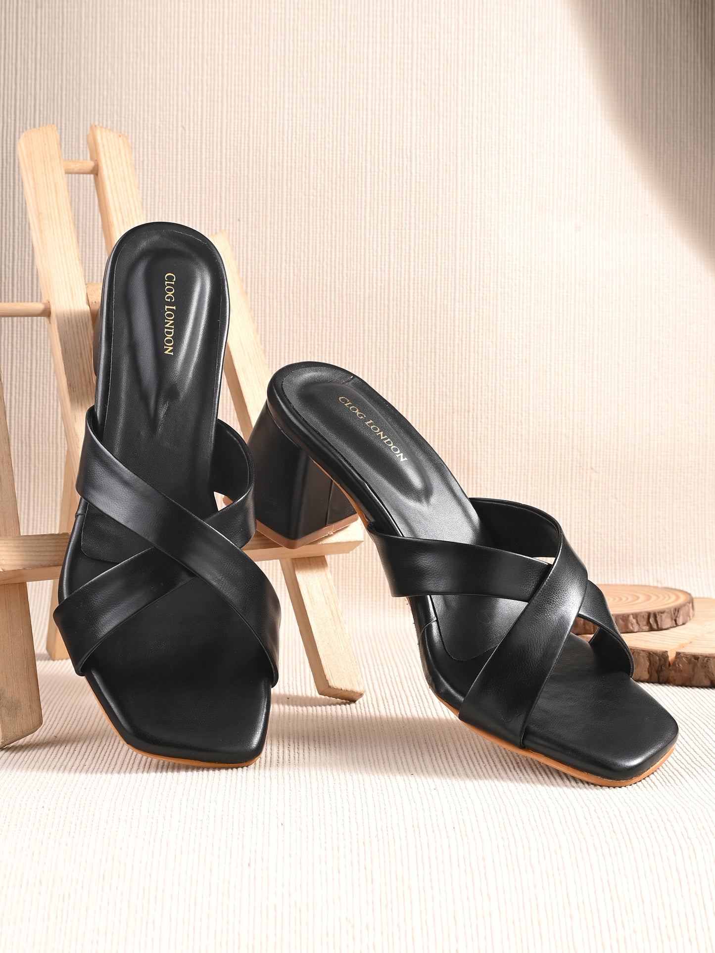 Women Black Cross Strap Heels Sandals