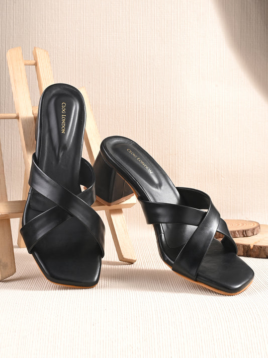 Women Black Cross Strap Heels Sandals