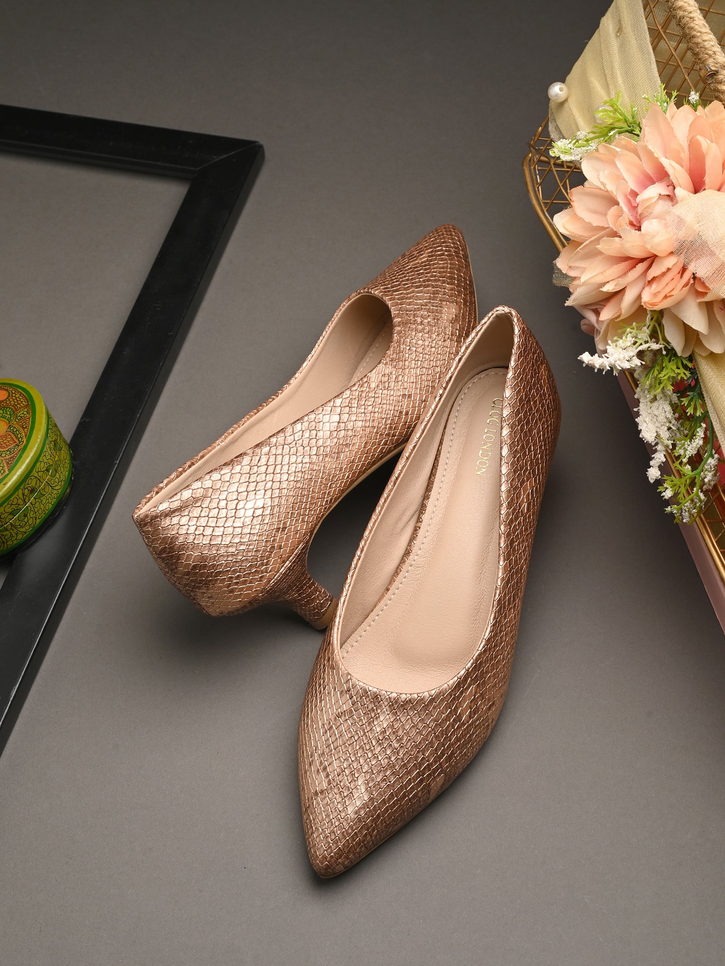 Women Pumps Copper Printed Pointed Toe Block Heeled Sandals