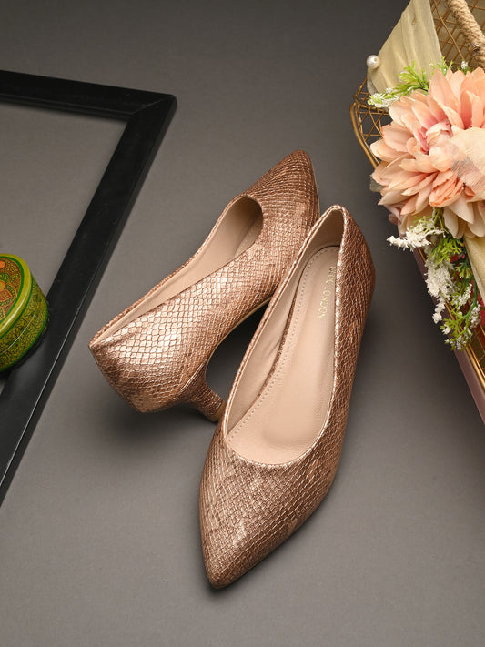 Women Bronze Pumps Printed Pointed Toe Block Heeled Sandals