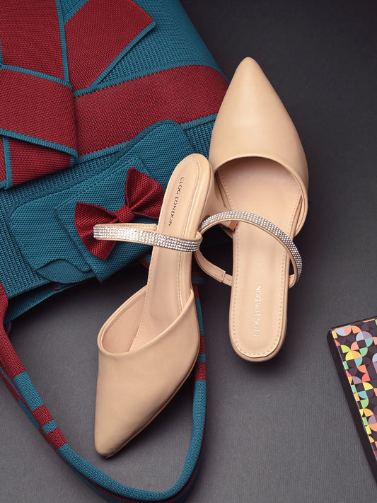 Women Beige Block Pumps Heeled Sandals