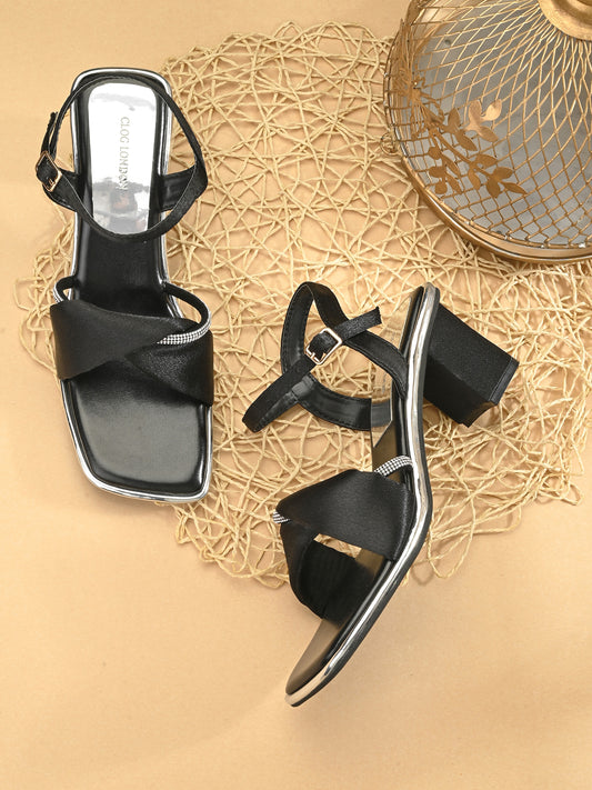 Women Black Block Comfortable Heel Sandals
