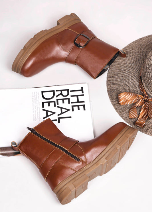 Women Tan Block Heeled Boots