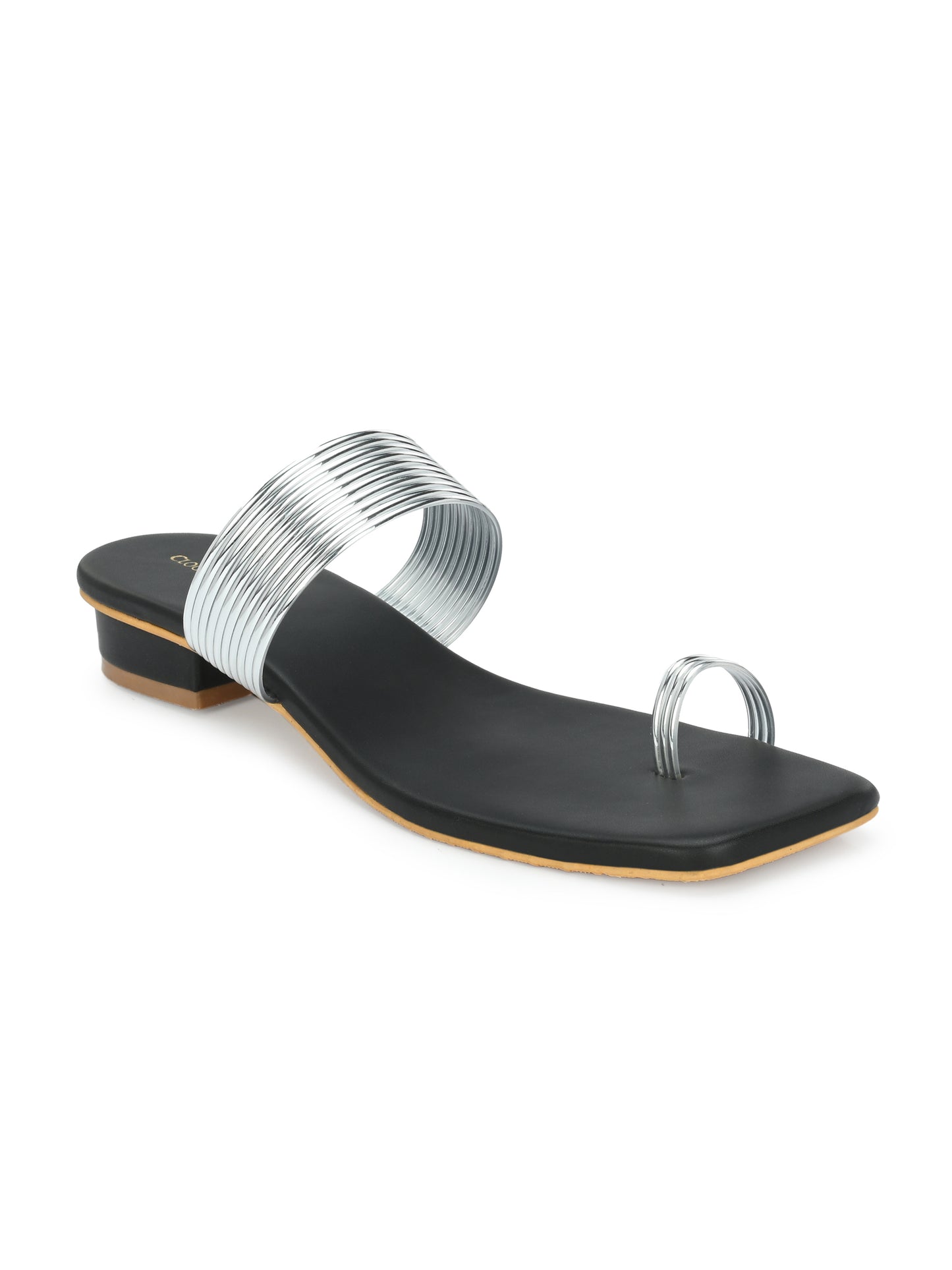 Women Silver Heeled Sandals Strap Slide Flats