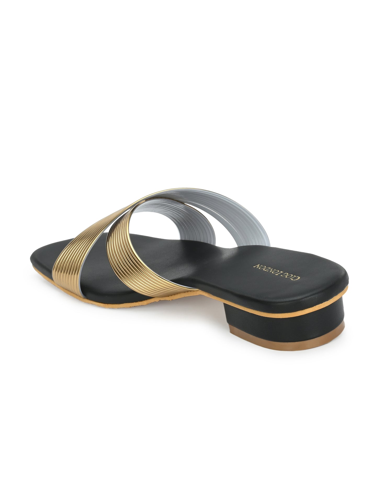 Women Gold H-Strap Textured Open Toe Flats