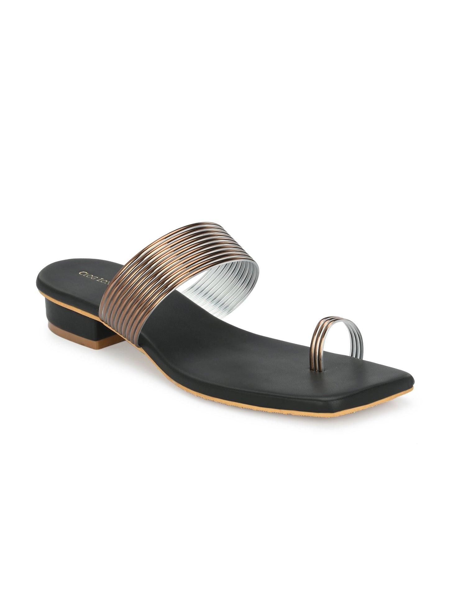 Golden Black Toe-Ring Flats & Sandals for Women
