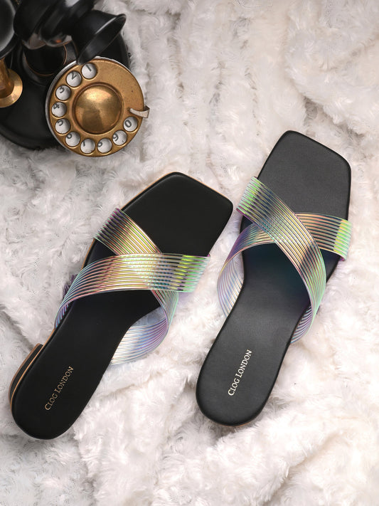 Womens MultiColored Cross Strap Flats & Sandals