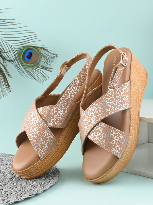 Women Beige Open Toe Wedge Heeled Sandals