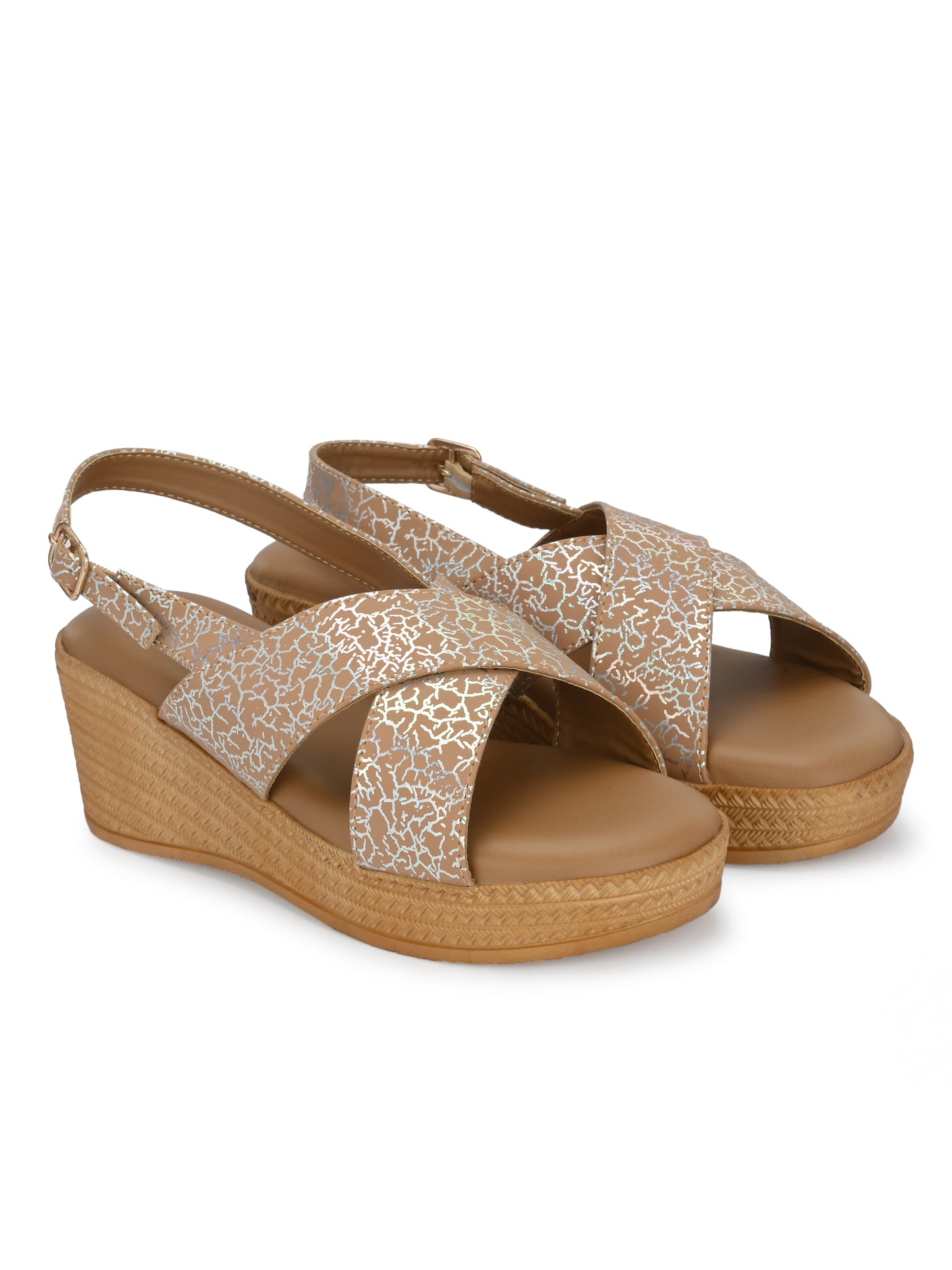 Women Beige Open Toe Wedge Heeled Sandals