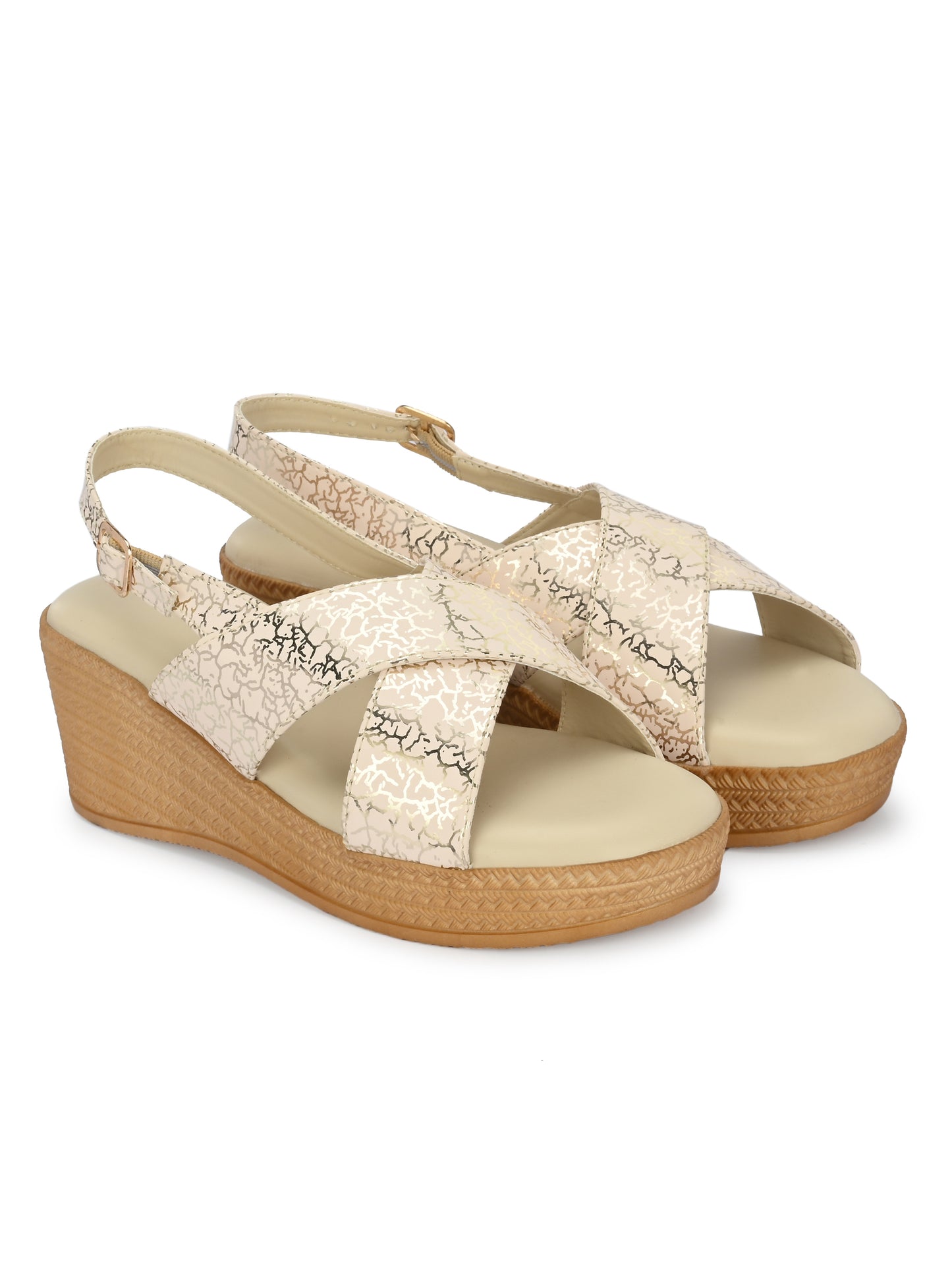 Women Beige Open Toe Wedge Heeled Sandals