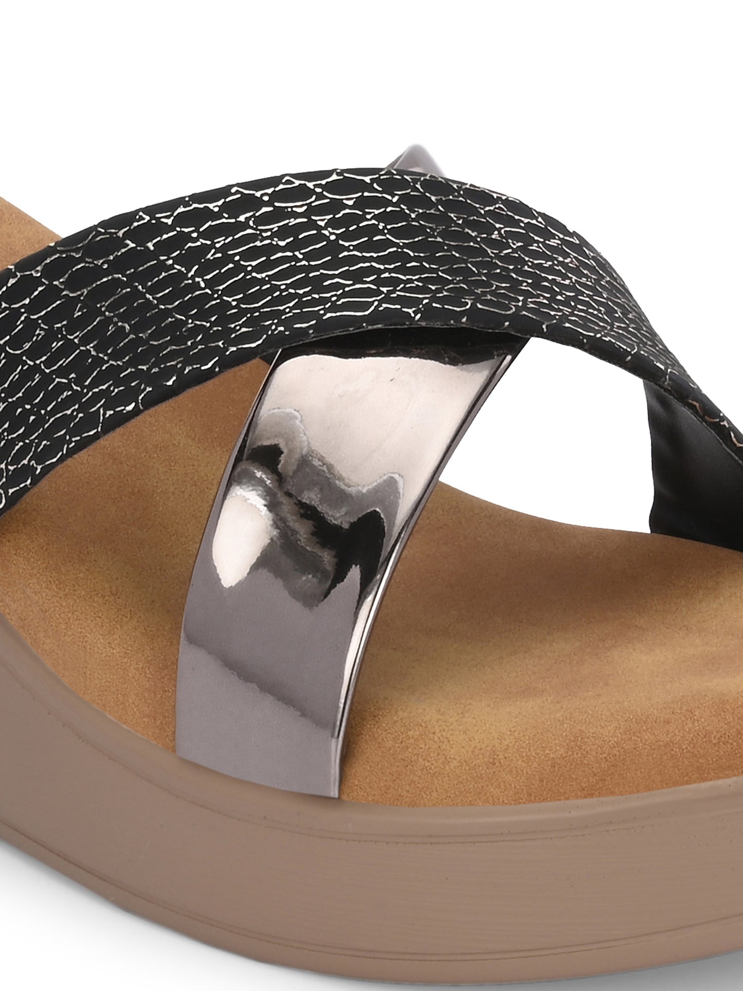 Women Black Textured Wedge Sandals