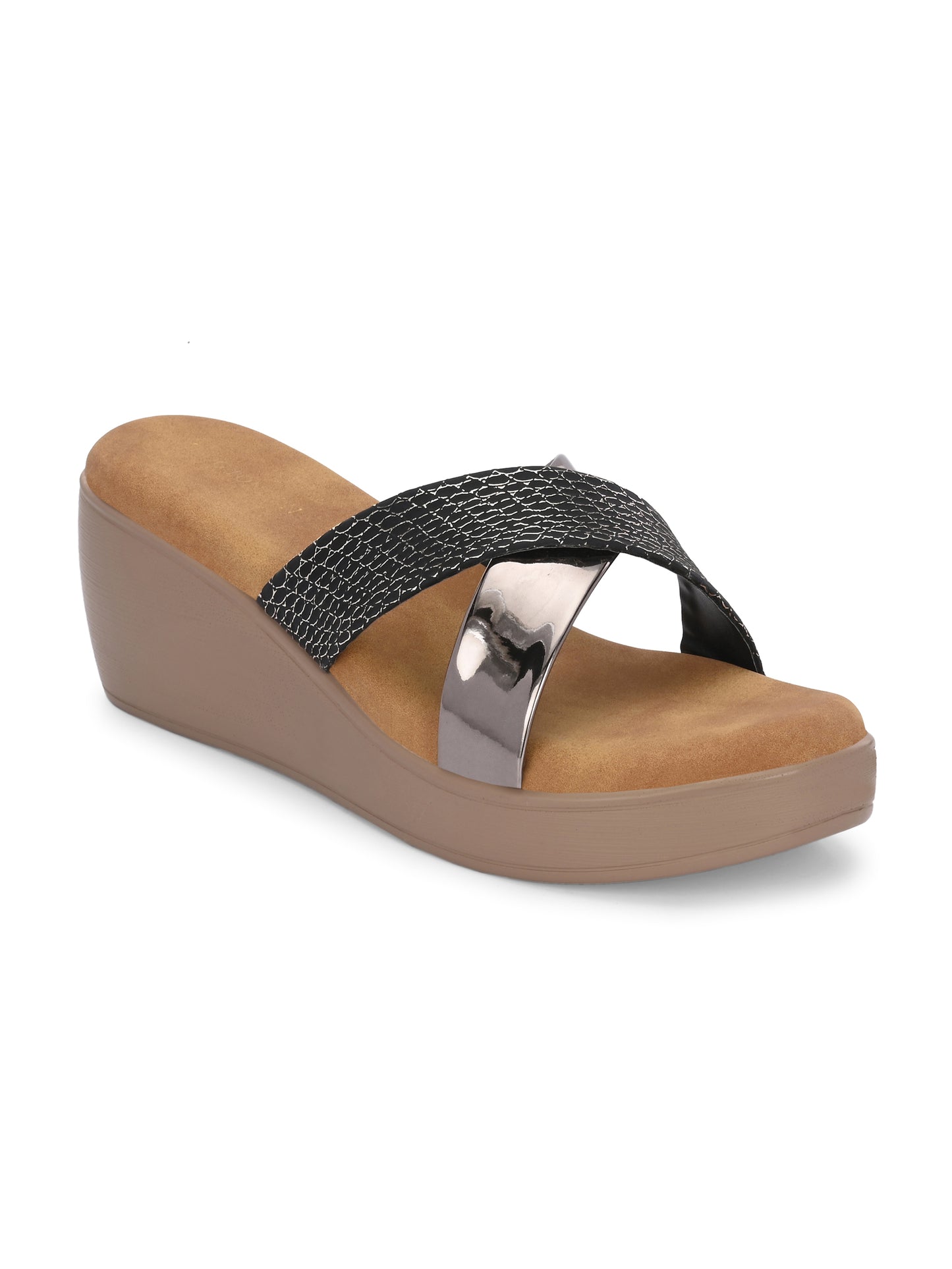 Women Black Textured Wedge Sandals
