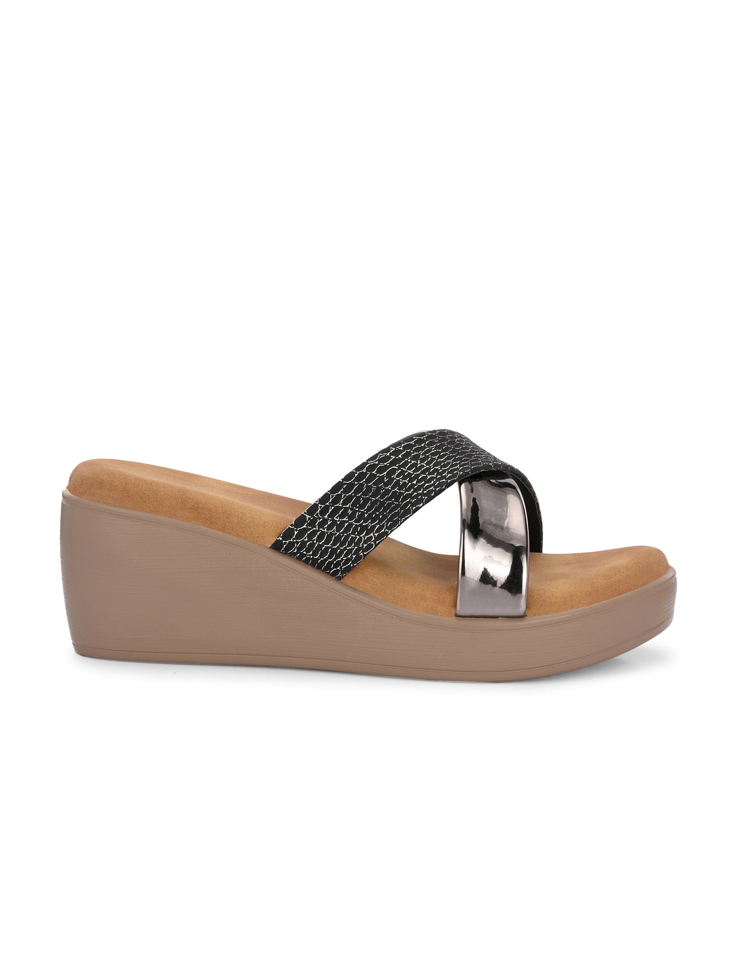 Women Black Textured Wedge Sandals