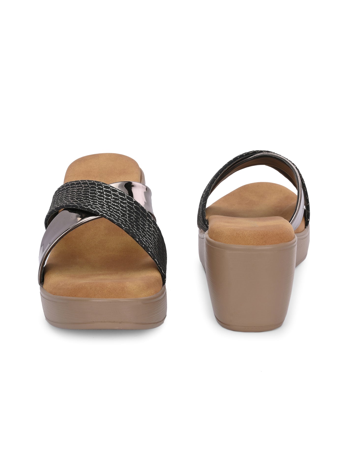 Women Black Textured Wedge Sandals