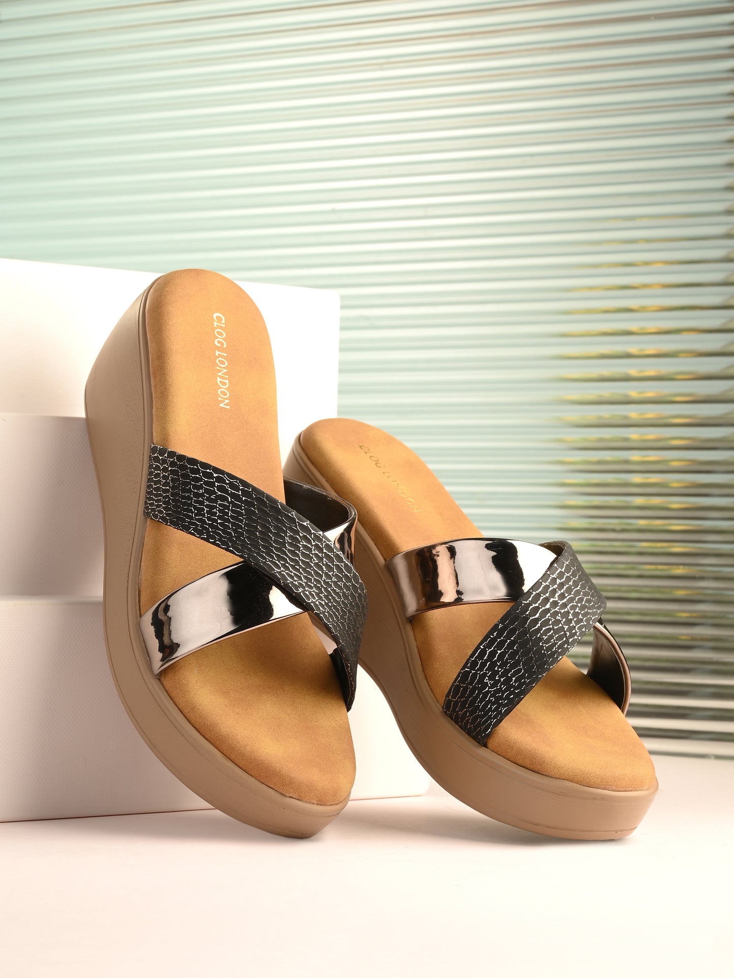 Women Black Textured Wedge Sandals