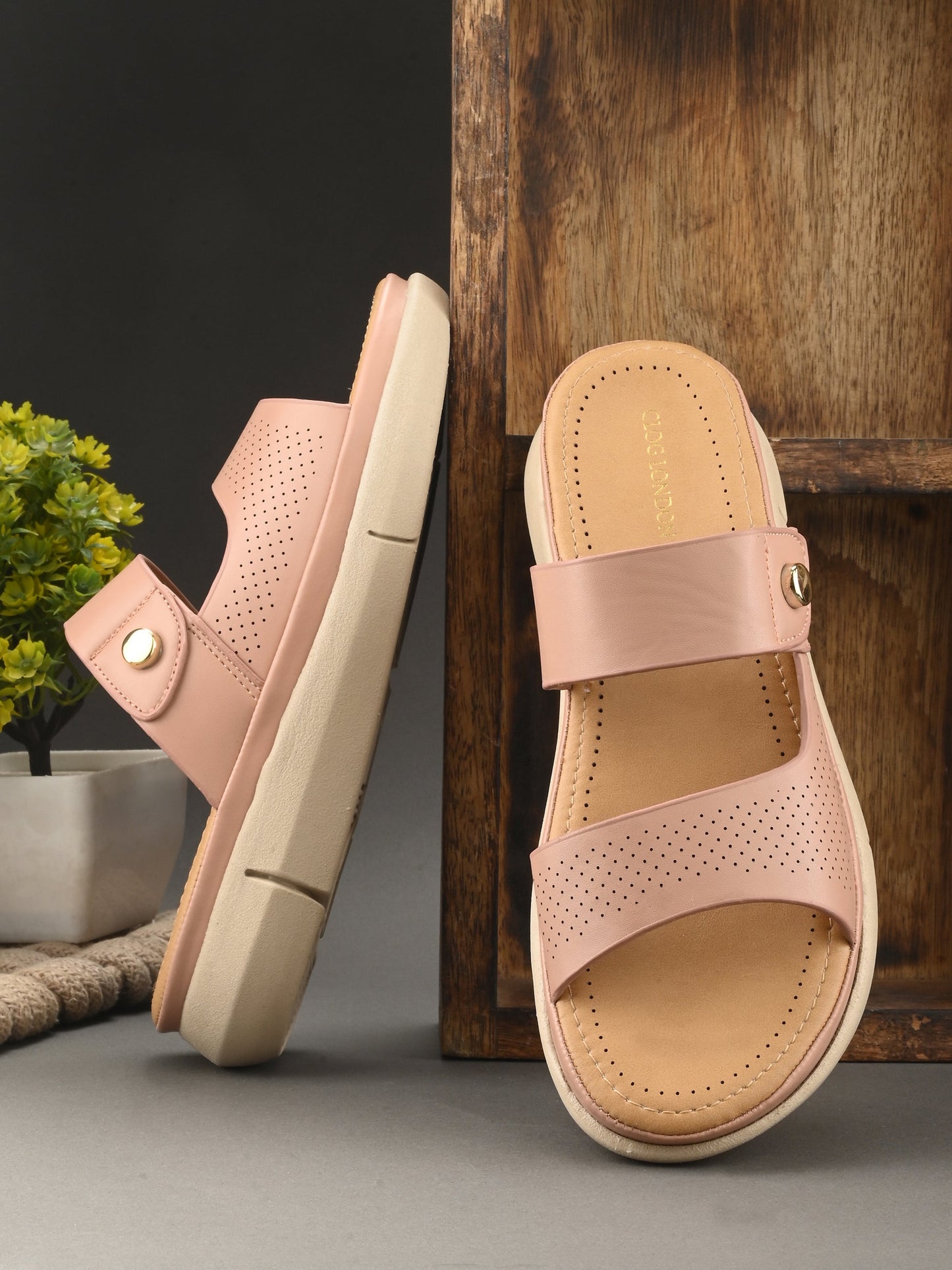 Women Peach Open Toe Comfort Flats
