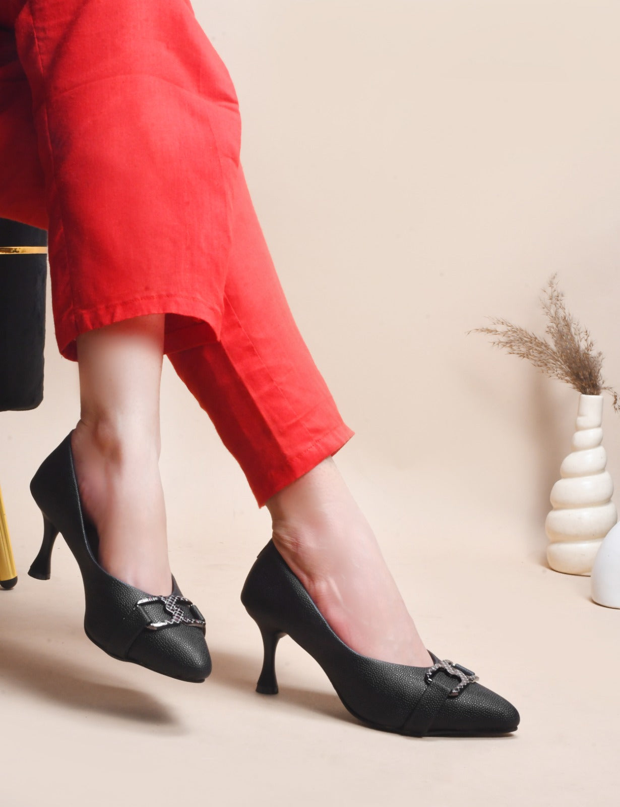 Women Black Slip on Stiletto Heel Pumps Sandals