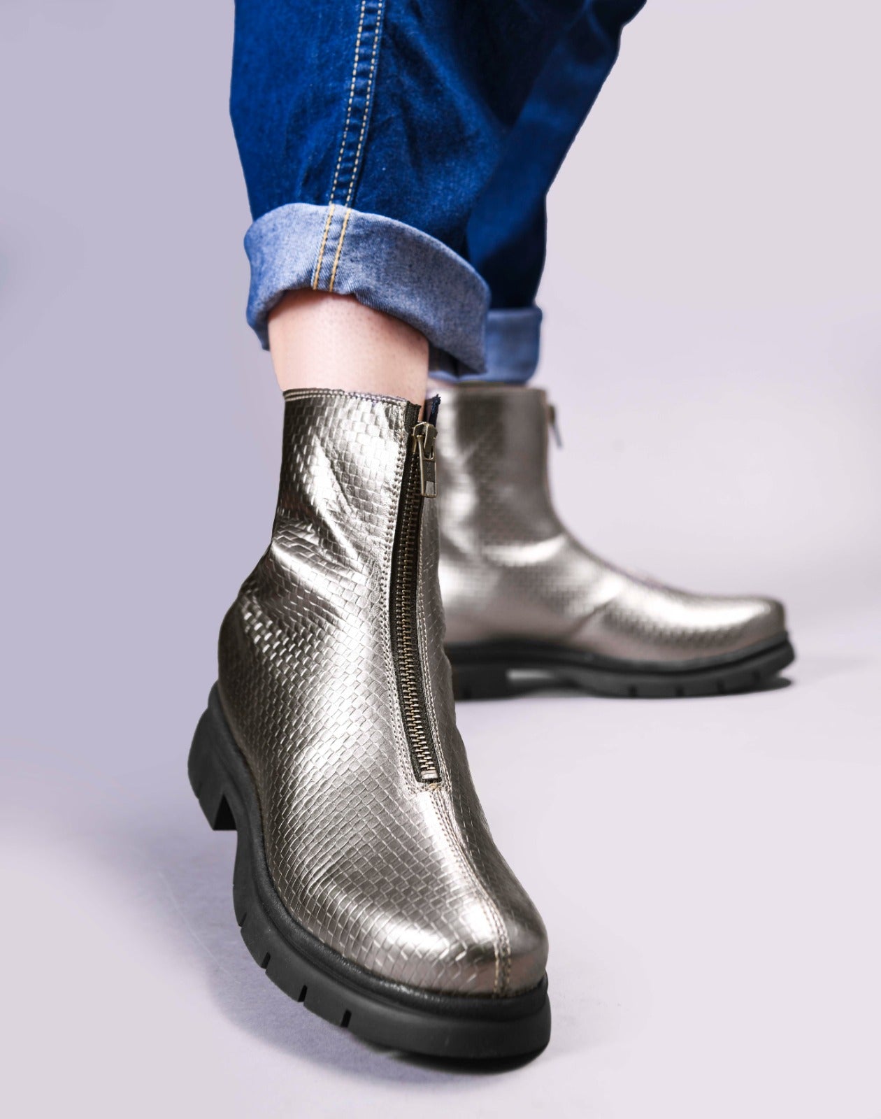 Women Grey Front Zip Boots