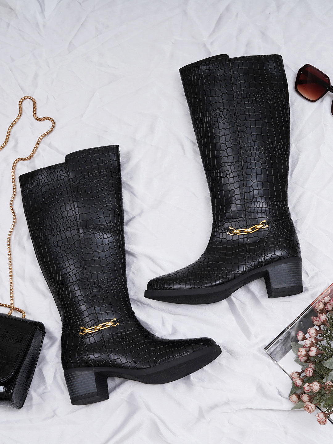 Women Black Printed Long Boots