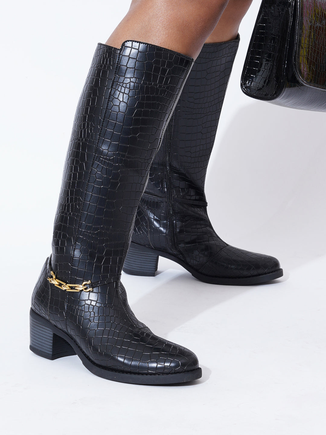 Women Black Printed Long Boots