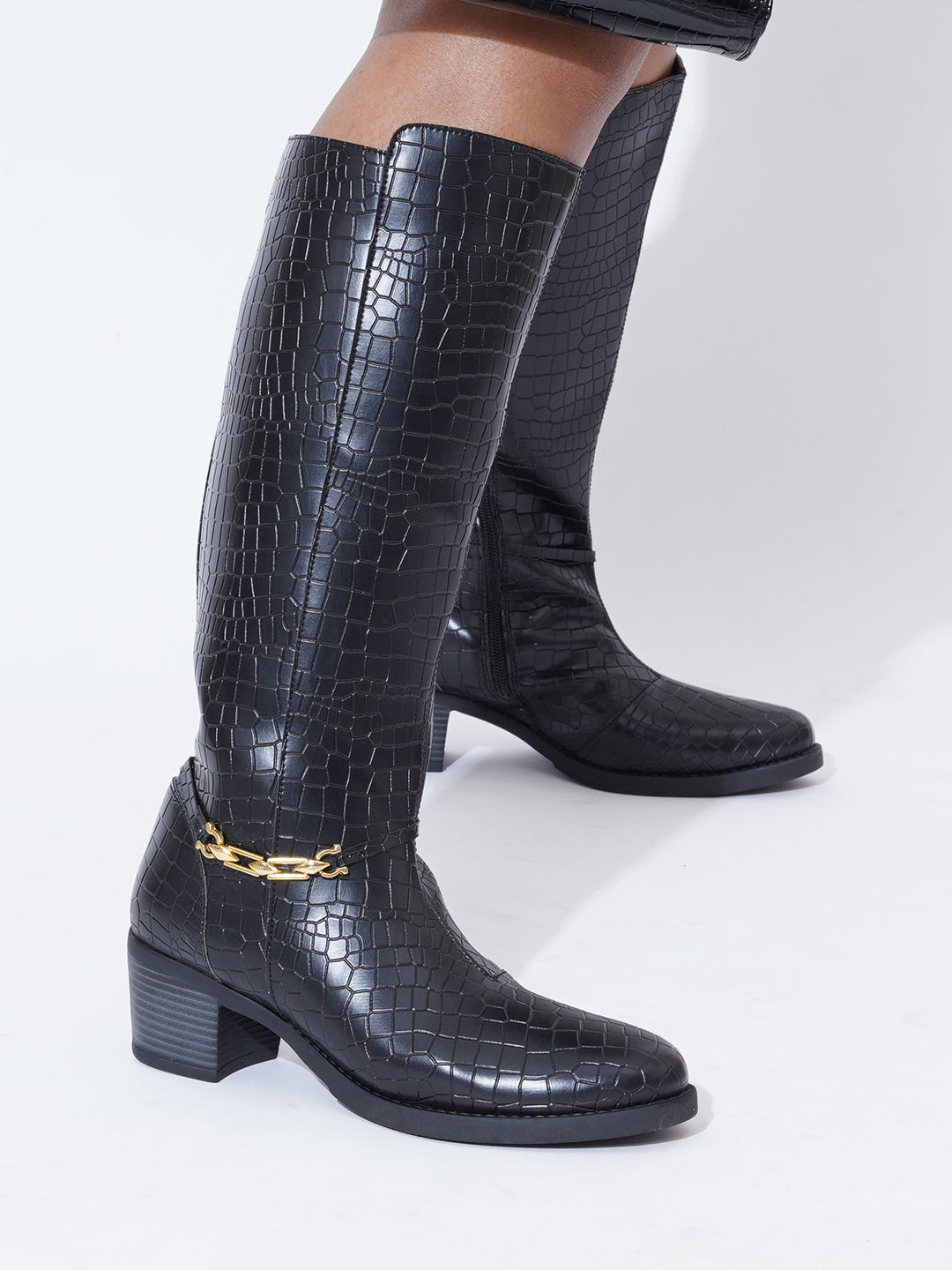 Women Black Printed Long Boots