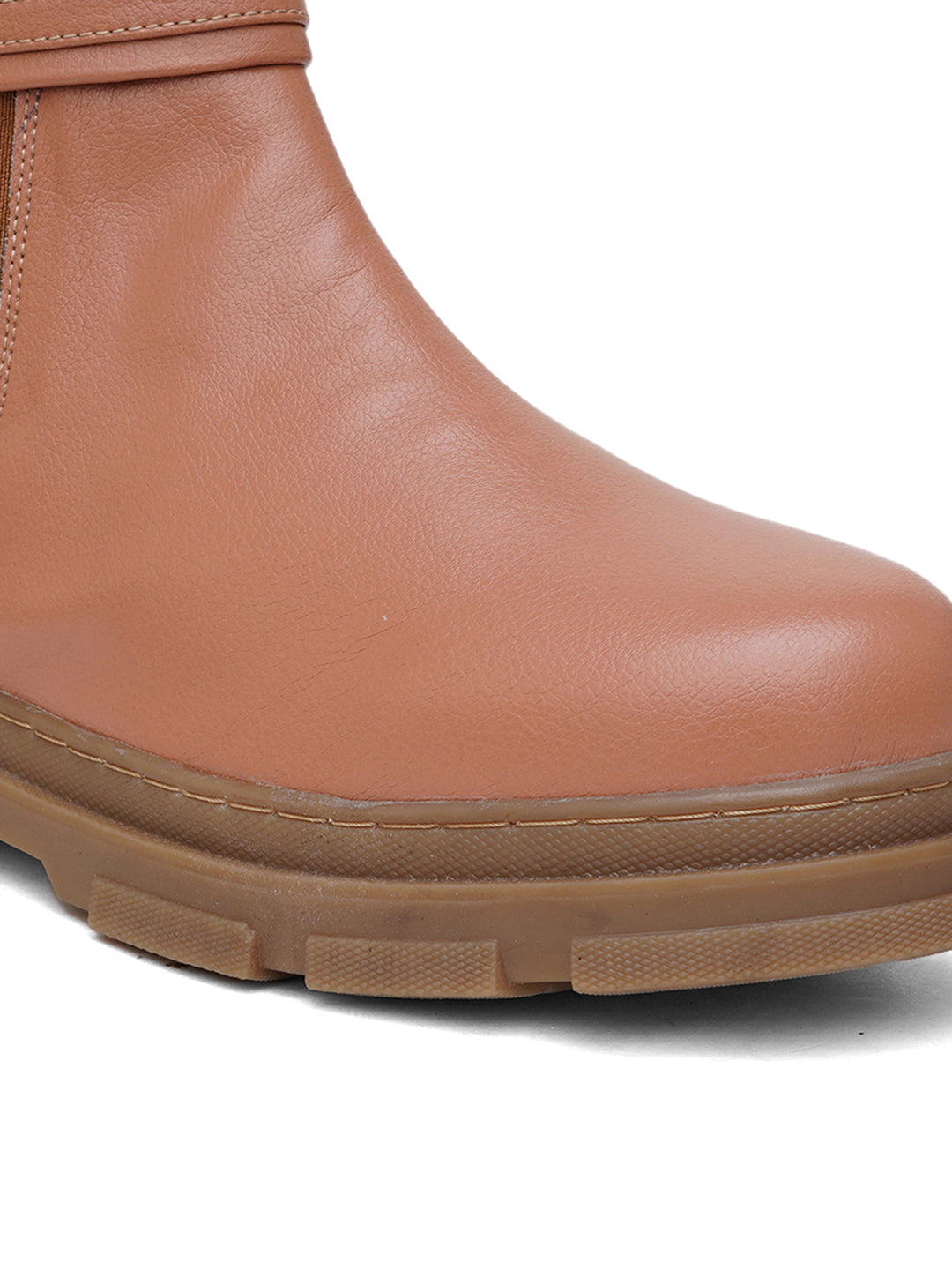 Women Tan Zip Leather Boots