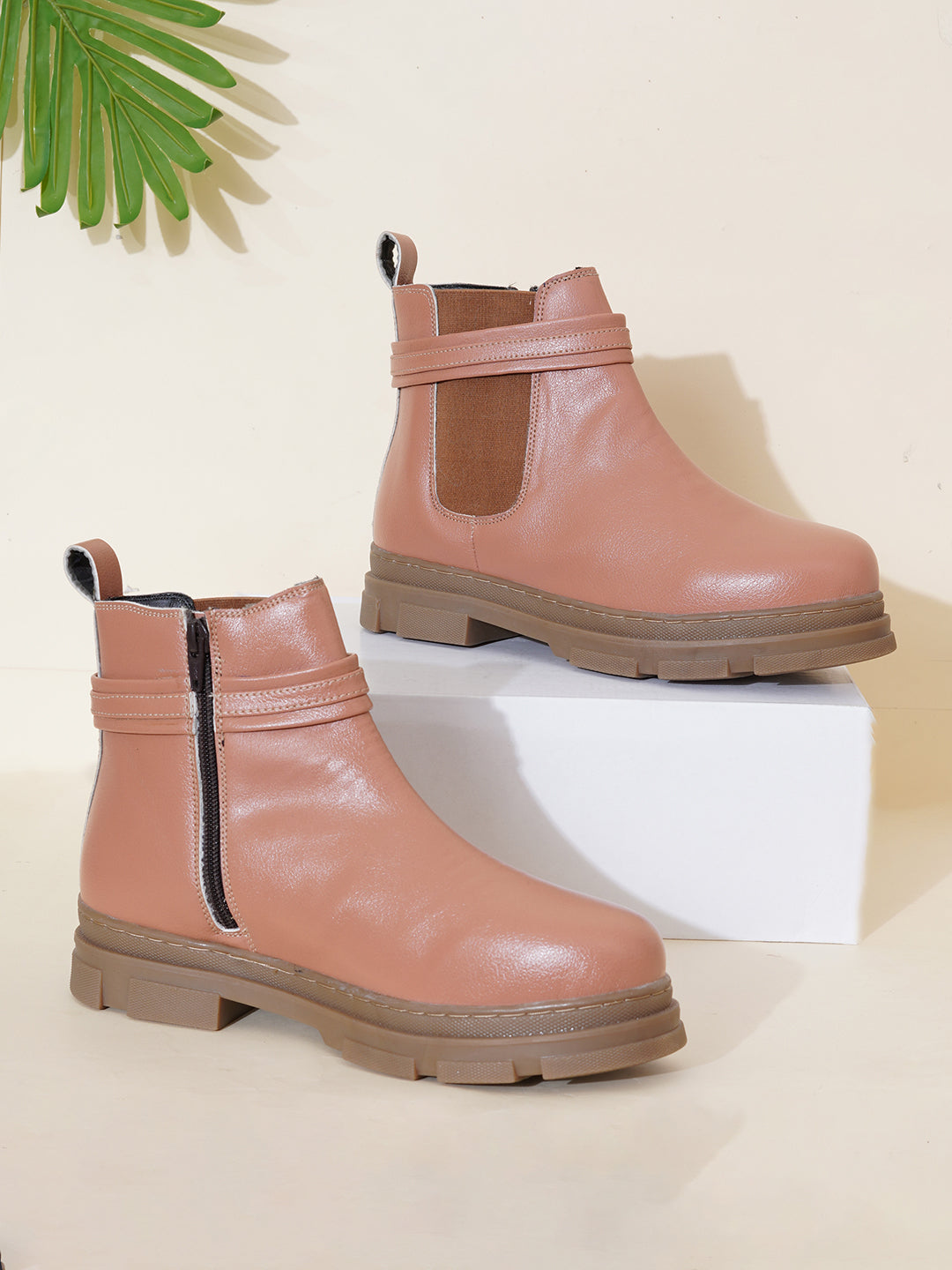 Women Tan Zip Leather Boots