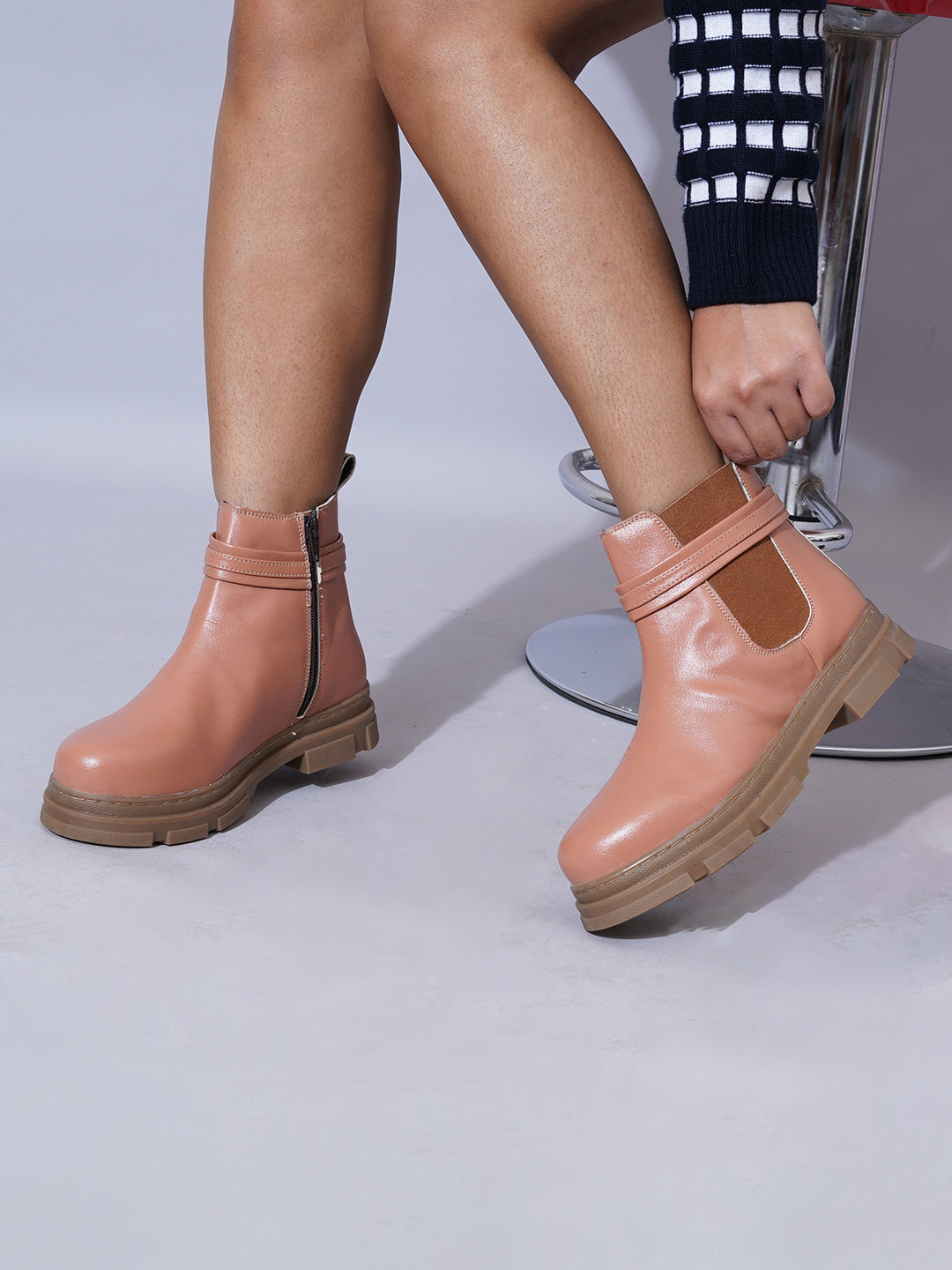 Women Tan Zip Leather Boots
