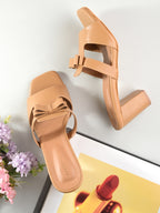 Women Tan Square Toe Block Heels