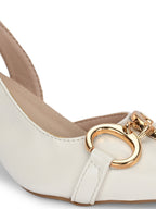 Women White Buckle Detail Kitten Pumps Heels