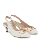 Women White Buckle Detail Kitten Pumps Heels