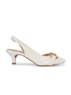 Women White Buckle Detail Kitten Pumps Heels