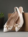 Women White Buckle Detail Kitten Pumps Heels