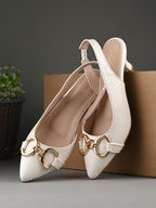 Women White Buckle Detail Kitten Pumps Heels