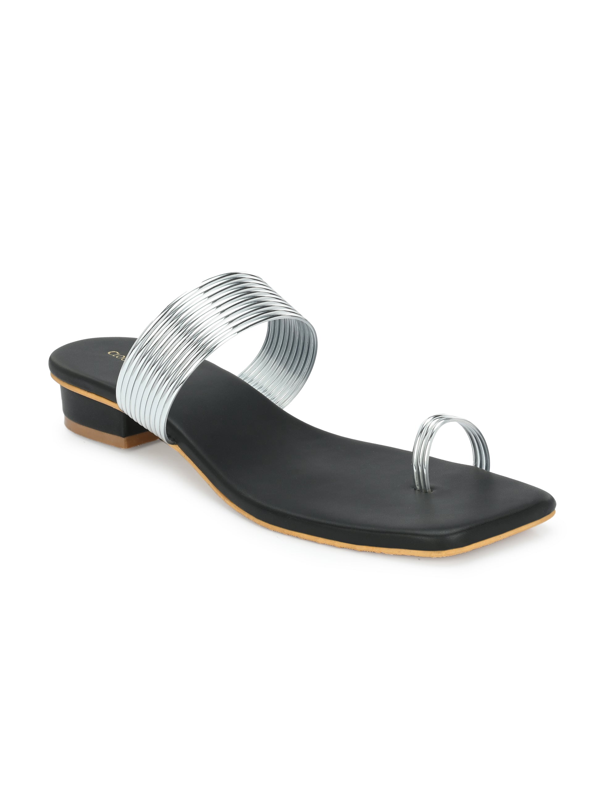 Women Silver Heeled Sandals Strap Slide Flats