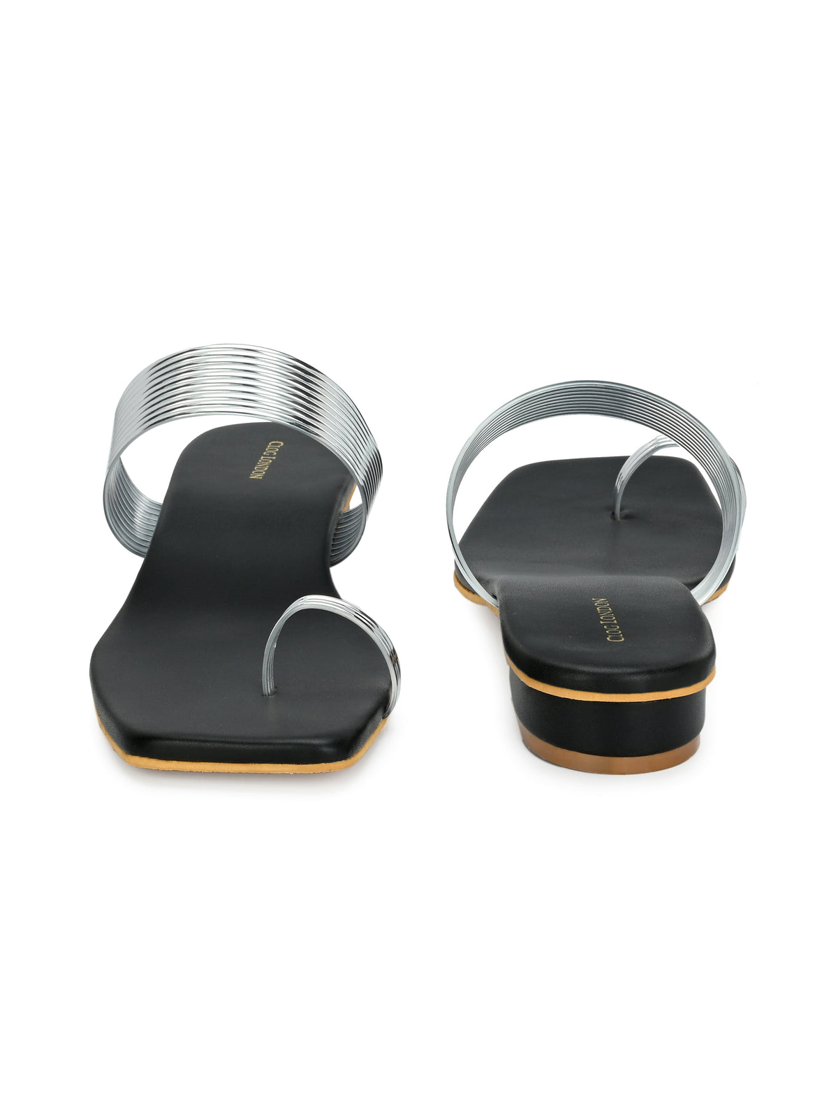 Women Silver Heeled Sandals Strap Slide Flats