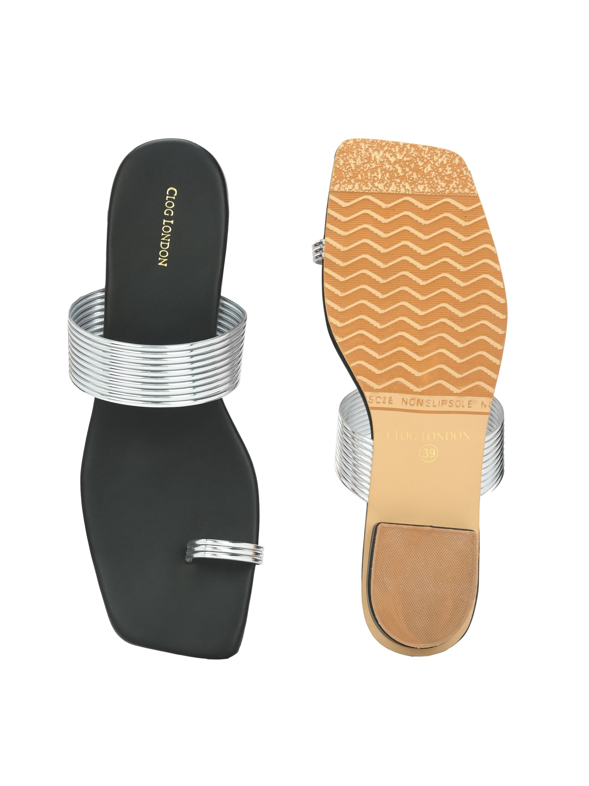 Women Silver Heeled Sandals Strap Slide Flats