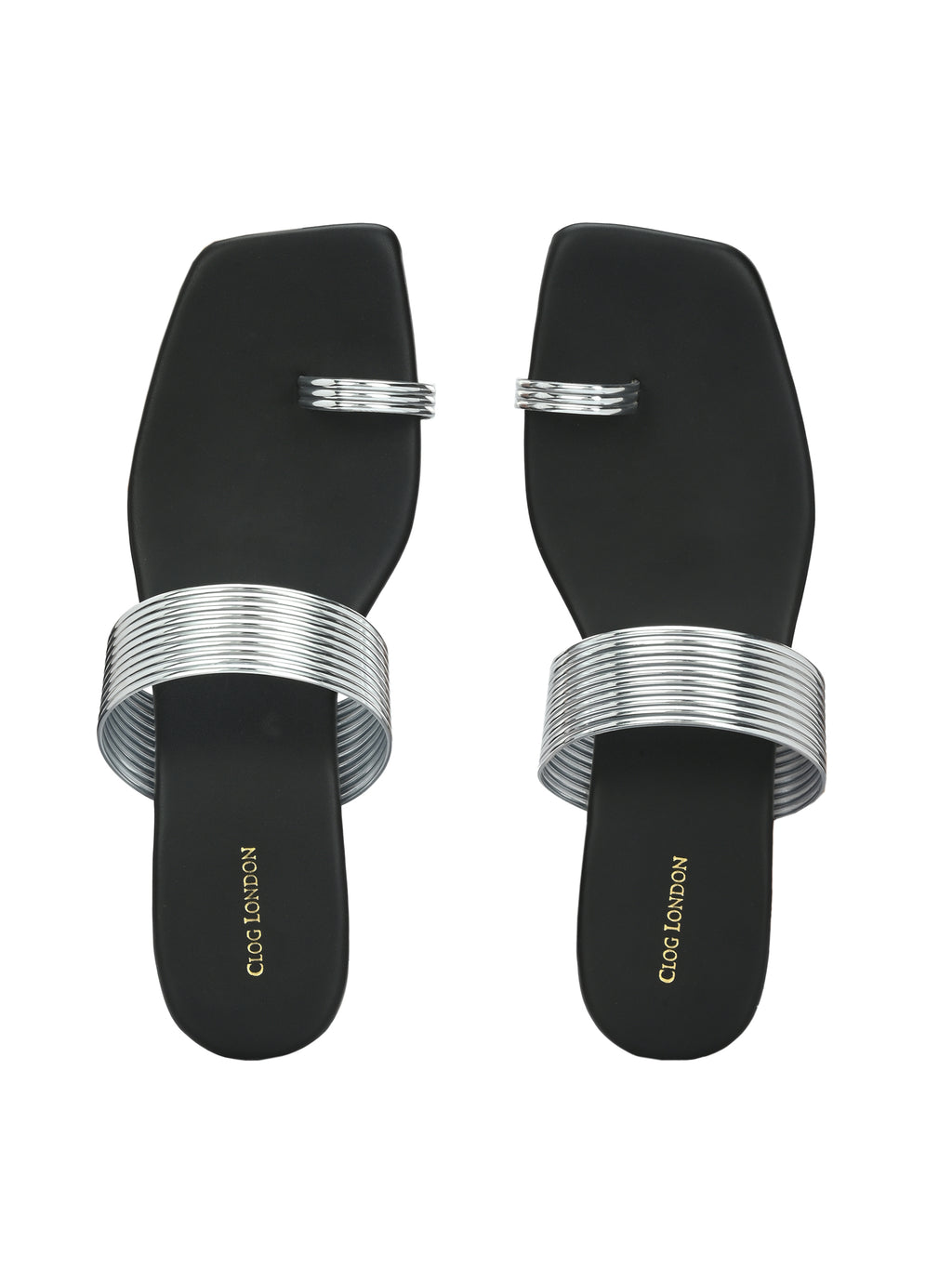 Women Silver Heeled Sandals Strap Slide Flats
