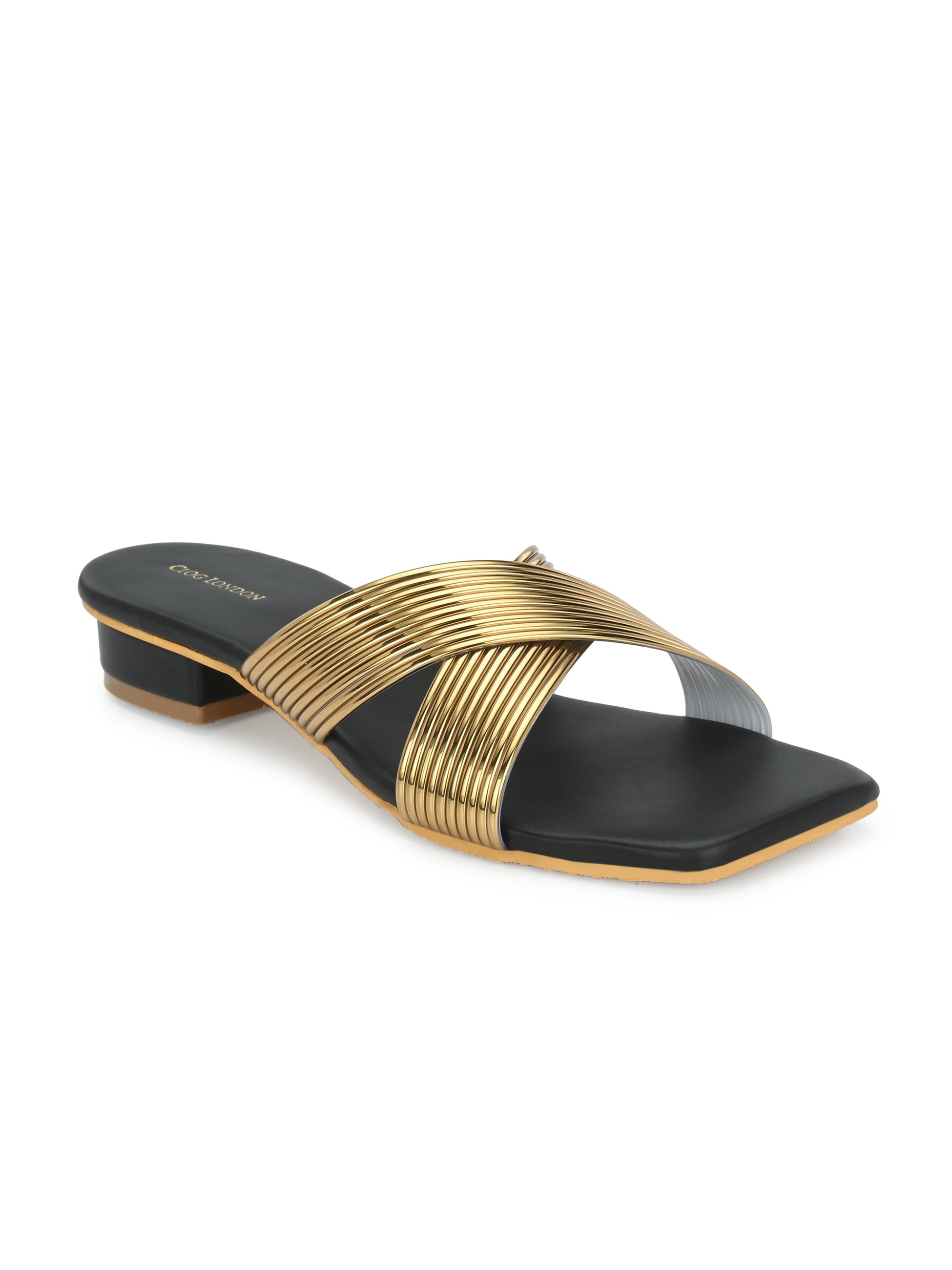 Women Gold H-Strap Textured Open Toe Flats