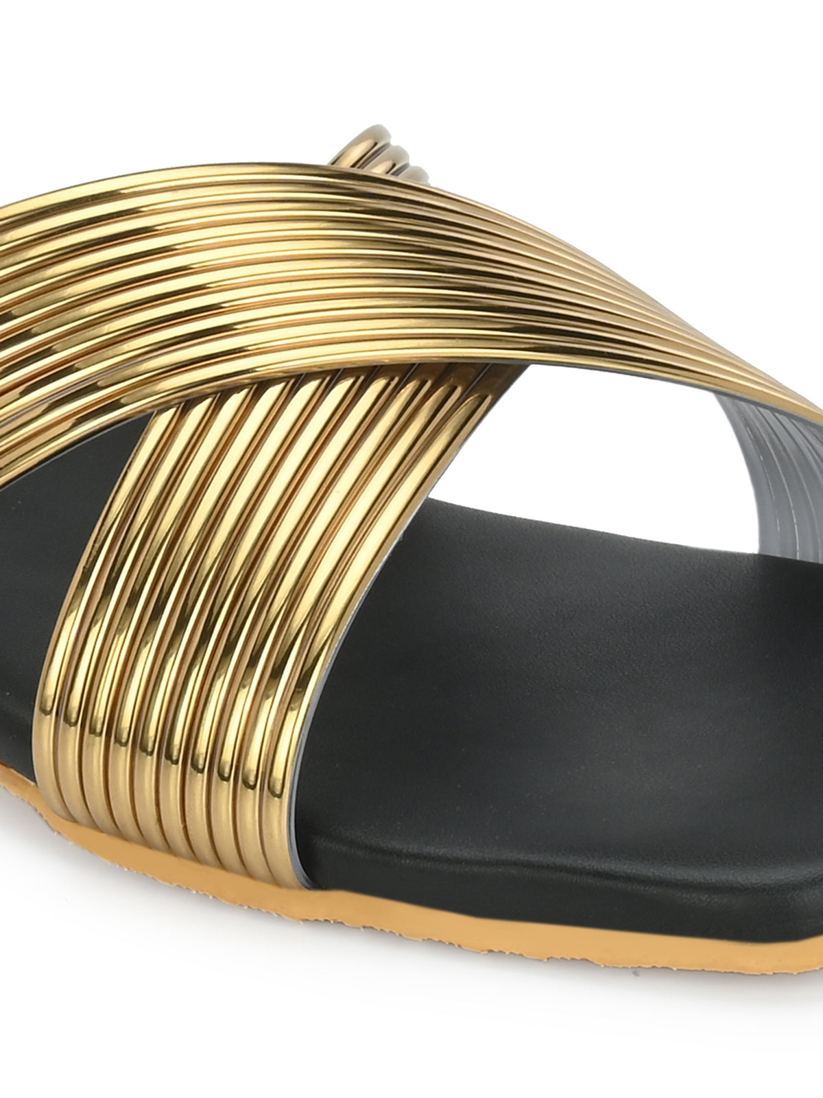 Women Gold H-Strap Textured Open Toe Flats
