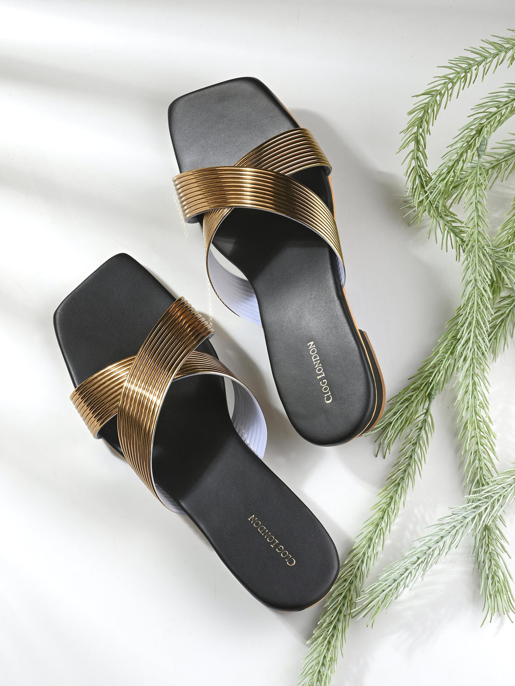 Women Gold H-Strap Textured Open Toe Flats