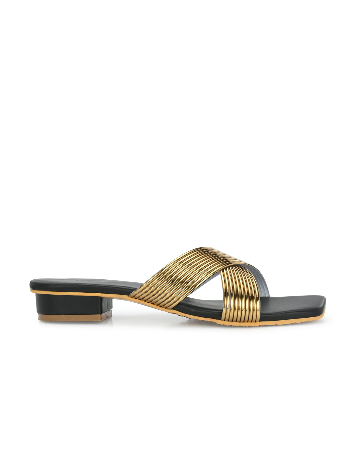 Women Gold H-Strap Textured Open Toe Flats