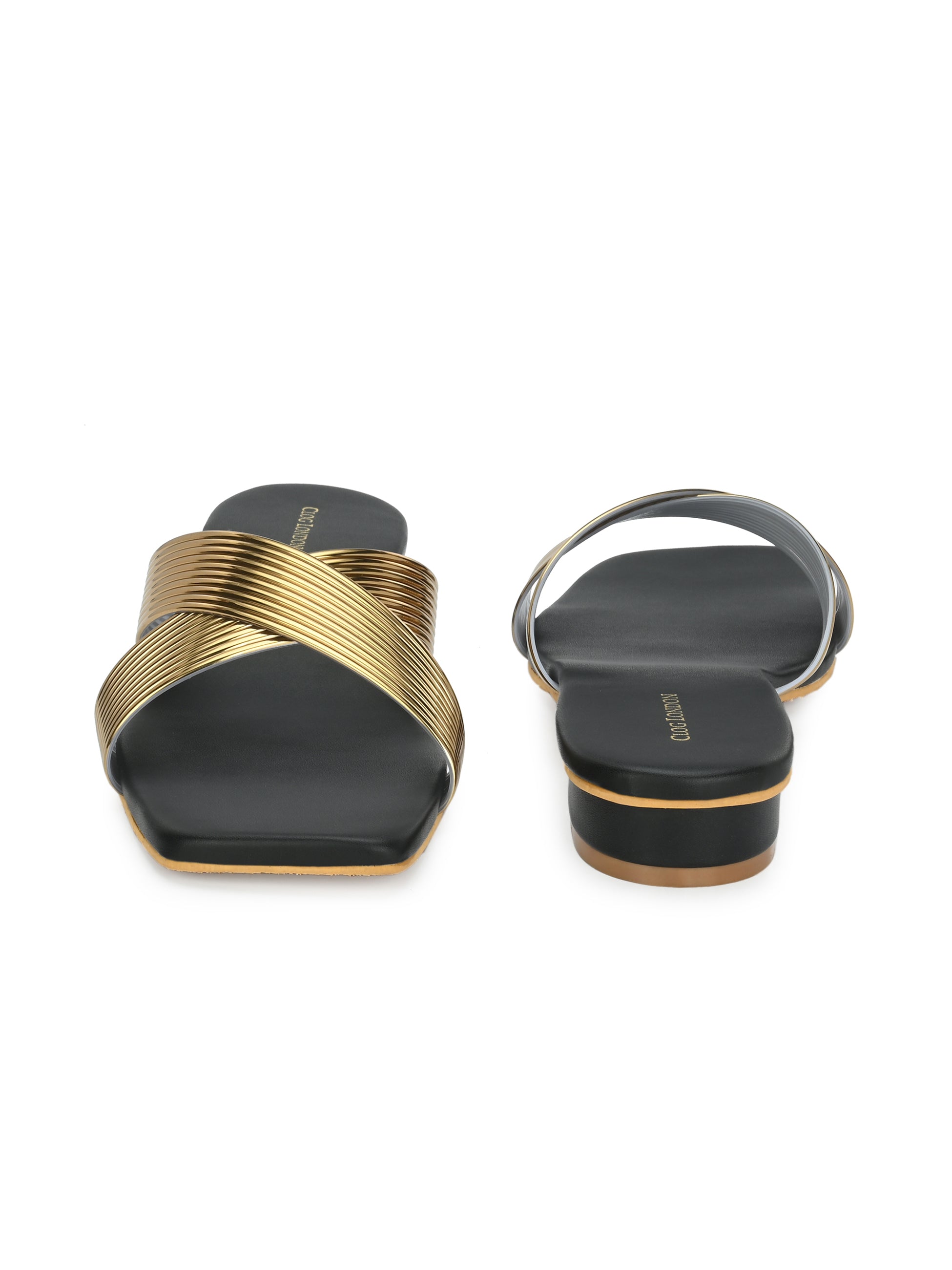 Women Gold H-Strap Textured Open Toe Flats