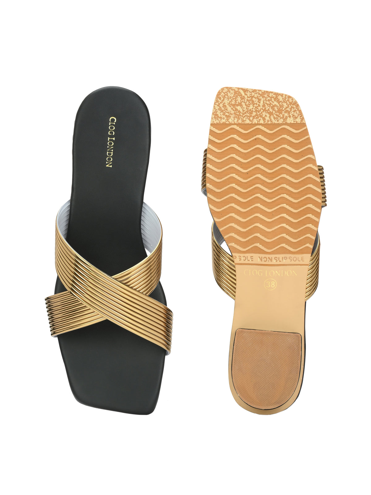 Women Gold H-Strap Textured Open Toe Flats