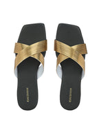 Women Gold H-Strap Textured Open Toe Flats